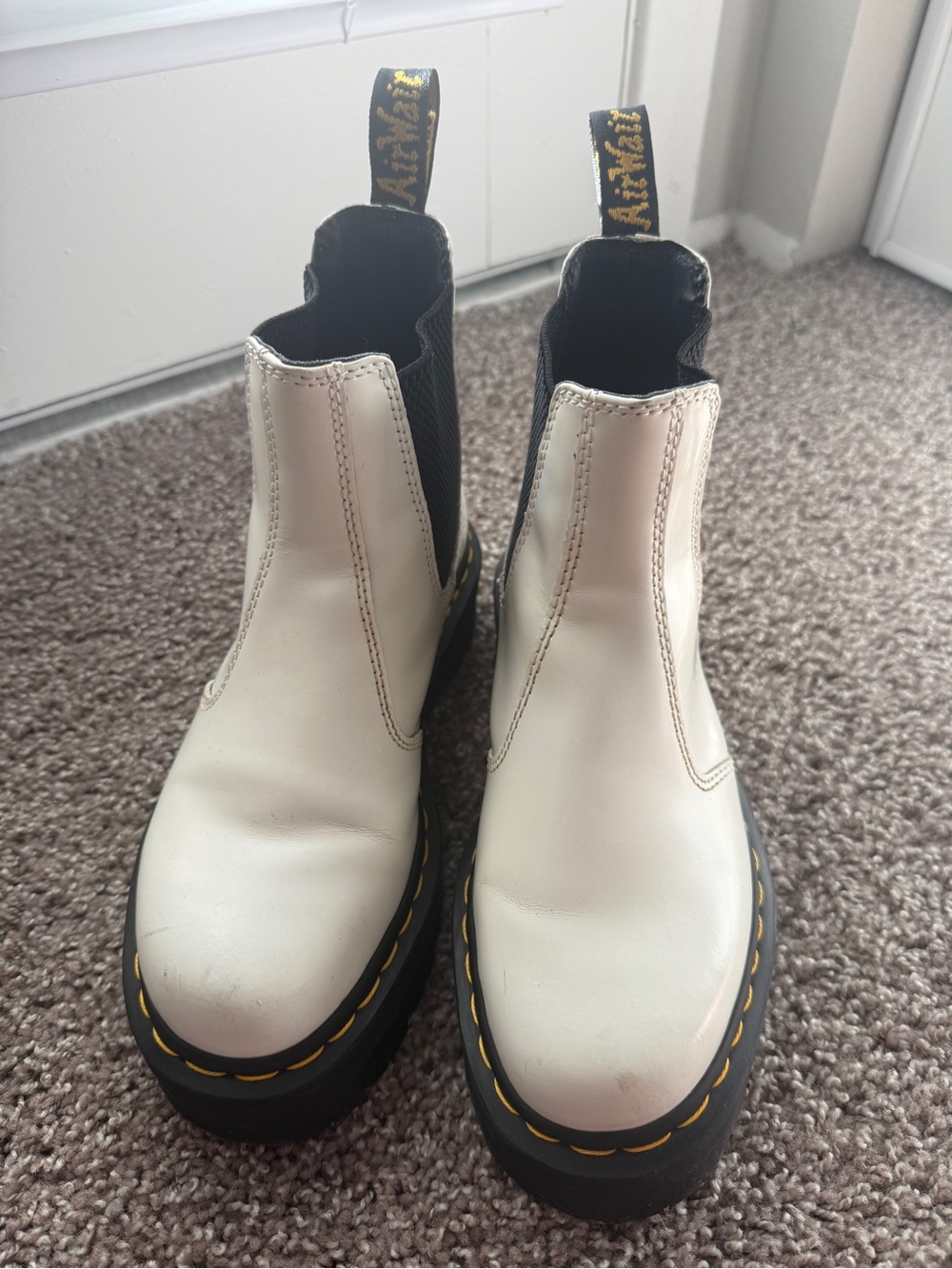 Dr. Martens White Chelsea Platform Ankle Boots with Yellow Stitching